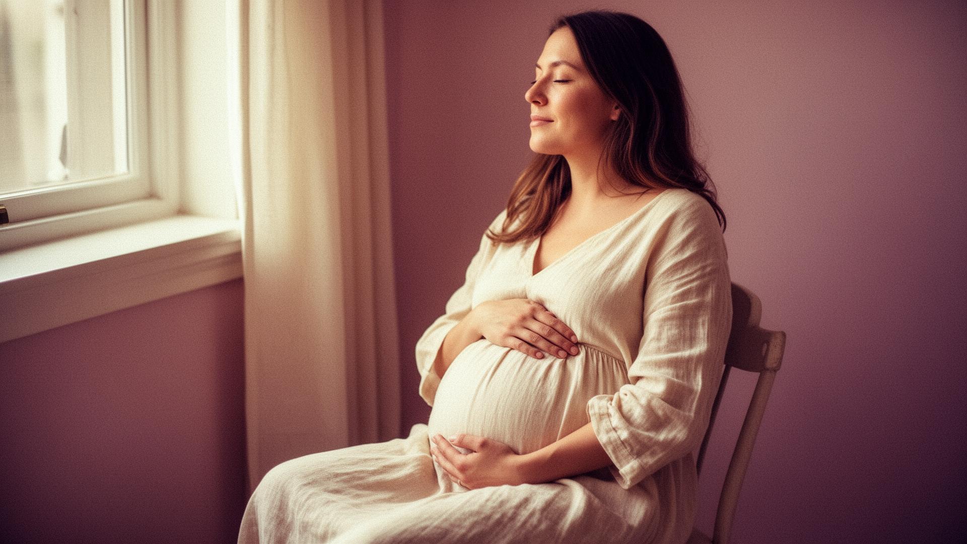 Gravid kvinna i lugn stund vid fönster